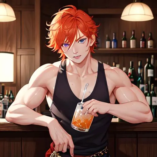 Prompt: Erikku male (short ginger hair, freckles, right eye blue left eye purple) muscular, UHD, 8K, Highly detailed, insane detail, best quality, high quality. at the bar, drinking liquor