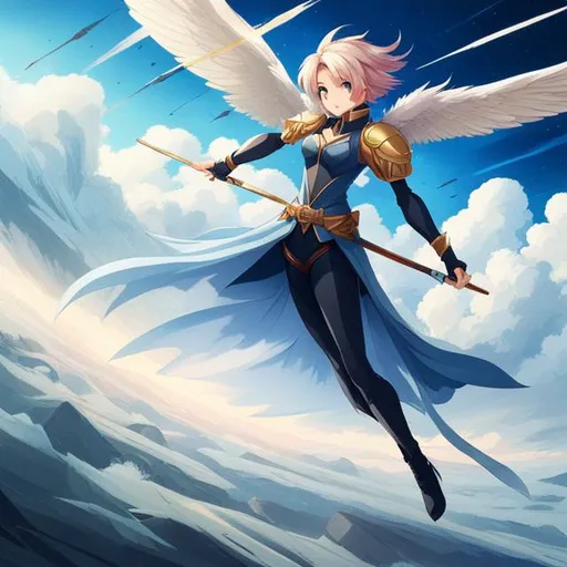Prompt: masterpiece, illustration, best quality), (High-Res Beauty - Masterpiece, Pretty Face, Neck Ribbon), 1 singular Beautiful androgynous swordsman, with wings, pixie style haircut, modern fashion, flying above a field of stars on a foreign planet, (((in the sky))), ((clouds)), (((falling))), (((floating))),