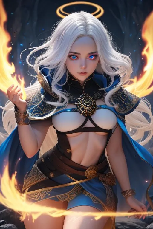 Prompt: ombre white hair, glowing runic eyes, girl, fantasy, DnD mage, black-gold mage clothes, caught on blue fire, blue burning luminescence, blue fire burning on body, 4k, HDR, symmetrical, fullbody, ((full body)) {{good looking}} {{cute}} {{good body}} {{tight}}, {{shadows}}, 