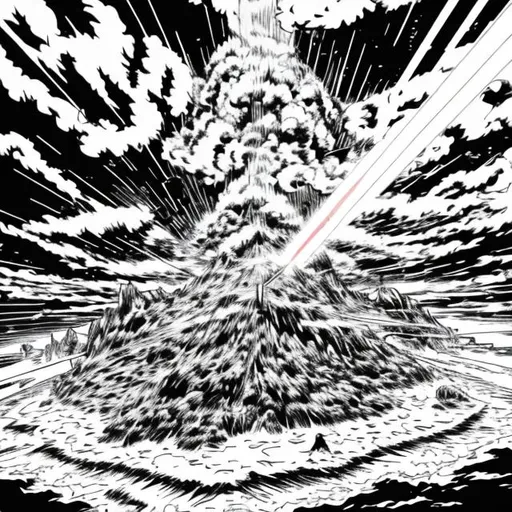 Prompt:  anime style laser beam destroying an island one piece style Echiro Oda