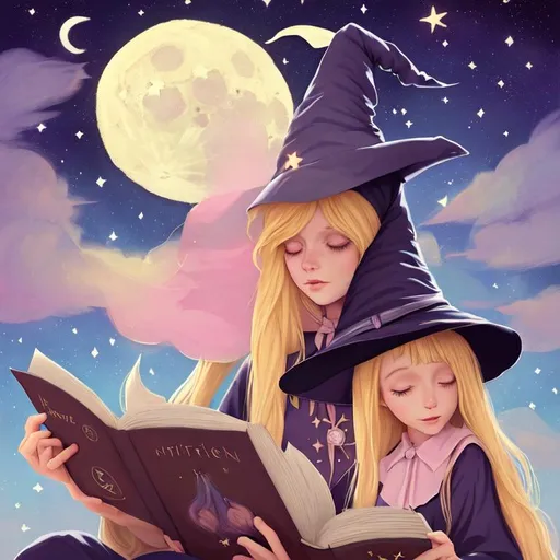 Prompt: witch with long blonde hair, reading, wearing witch hat, cute, aesthetic, pastel, fairycore, disney, pixar, moon, stars, witchcraft, in a starry pastel sky,  clouds, sweet, dreamy, award winning illustration, artstation, highres