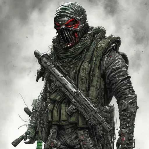 Prompt: Redesigned Gritty black and dark green futuristic military commando-trained villain Todd McFarlane's Spawn. Bloody. Hurt. Damaged mask. Accurate. realistic. evil eyes. Slow exposure. Detailed. Dirty. Dark and gritty. Post-apocalyptic Neo Tokyo with fire and smoke .Futuristic. Shadows. Sinister. Armed. Fanatic. Intense. 