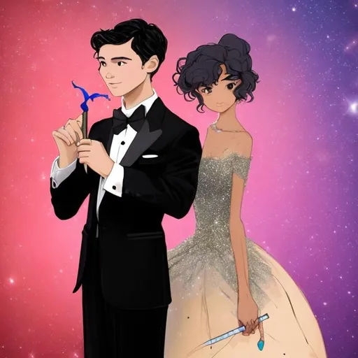 Prompt: Boy in a tuxedo holding his magic wand shaped like a stick about 6 inches long and standing next to his girlfriend who is in a big red puffy sparkly ball gown at prom