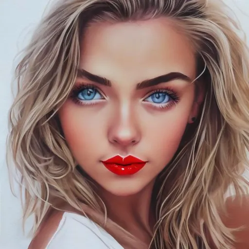 Prompt: blonde hair, blue eyes, hot girl, fitness girl, yoga panties, art portrait, red lips, pretty girl, young girl