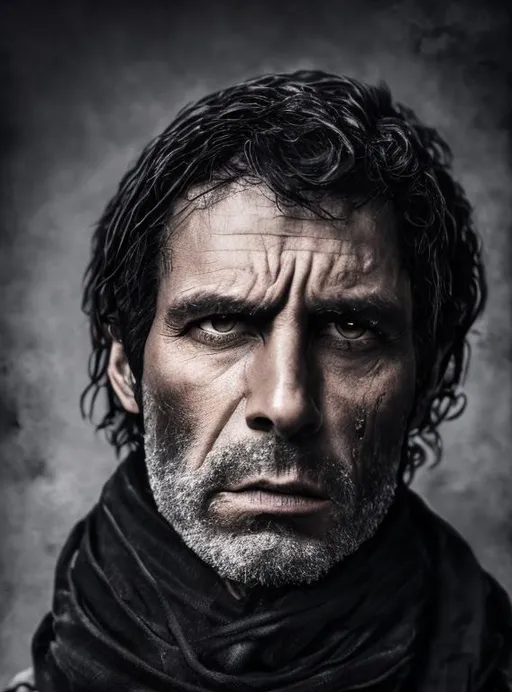 Prompt: dirty, dusty, ripped, photograph of mysterious refined stern handsome man, 40 years old, black scarf, dark hair, scowl, hyper realistic, epic, 4k