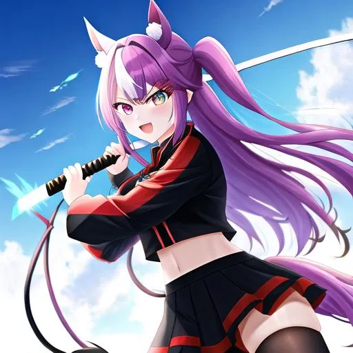 Prompt: Haley  as a demon (multi-color hair) (multi-color eyes)(she has horse ears) holding a katana, fighting, in a gunfight, bullets flying, fighting in a rural area, angry, demon tail