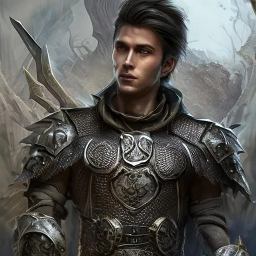 Prompt: Handsome male Aasimar cleric, D&D character art, fantasy, dark brown hair grey at temples, green eyes, light tan skin, scale mail armour, sunflower symbol on armour, holding a steel mace, full body shot, subsurface scattering, by Mike Franchina, by Jakub Różalski dramatic lighting, epic, cinematic, highly detailed, ultrarealism, 8k