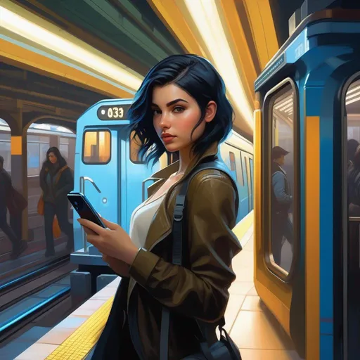 Prompt: Third person, gameplay, young woman, pale olive skin, black hair, dark brown eyes, cyberpunk, smartphone, modern subway station, blue-ish atmosphere, cartoony style, extremely detailed painting by Greg Rutkowski and by Henry Justice Ford and by Steve Henderson 