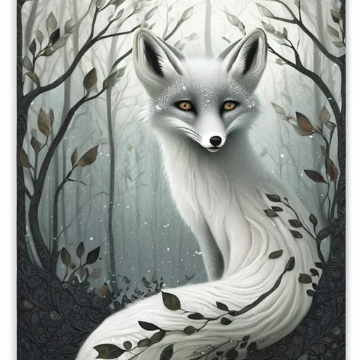 Prompt: "forest white fox, black lace leaves, on white background, surreal, detailed, christian schloe"