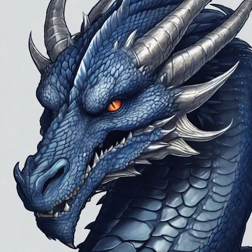 Prompt: Concept design of a dragon. Dragon head portrait. Coloring in the dragon is predominantly dark blue with subtle silver streaks and details present.