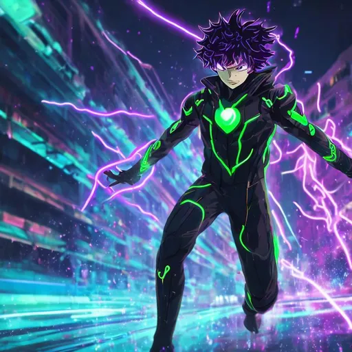 Prompt: Long exposure. Purple neon background. Green neon lightning. Sci-Fi anime and splash. Vigilante deku