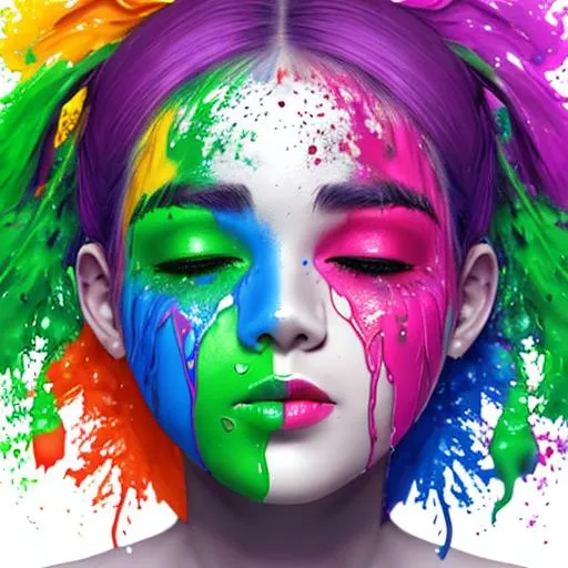Prompt: face dripping  paint in rainbow colors, facial closeup