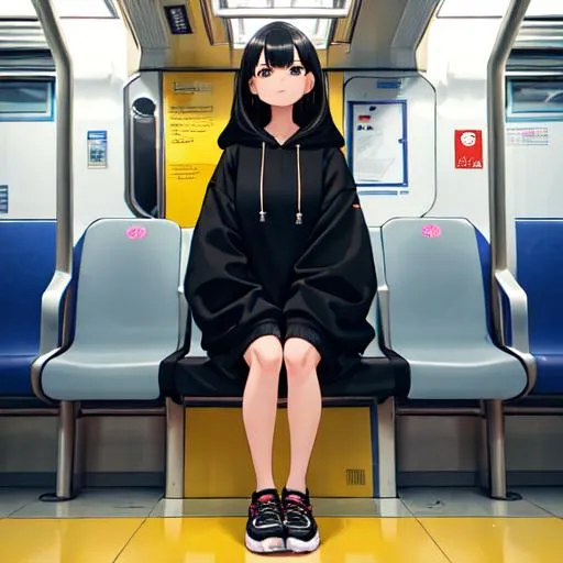 Prompt: girl with black hoodie black hair on the subway, baggy clothes, sitting on the metro, cross legged, crossed legs, looking into the camera, long shot, full body, front view, platform shoes
