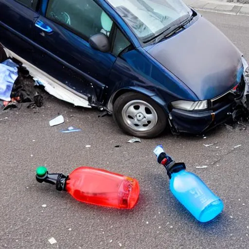 Prompt: Car crash where the victim are water bottles