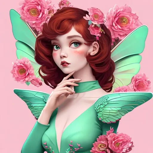 Prompt: Curvy, Portrait of winged fairy , well endowed, voluptuos,  gorgeous, 
sexy, hyperfemine, very short red hair, extreme big green sharp owllike eyes, wearing high neck dress with ocal cut-out Dekolleté, pink flowers background, style of lariennechan, frontal view, soft smile