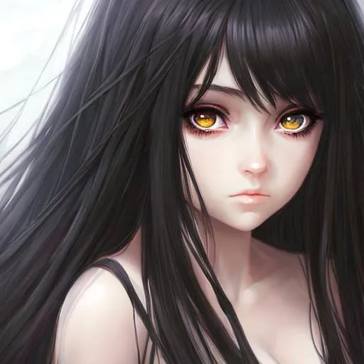 Prompt: detailed portrait beautiful girl big dreamy eyes. detailed face, long curly black hair, dark fantasy. anime