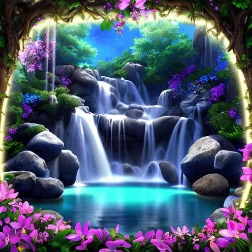 Prompt: HD 4k 3D 8k professional modeling photo hyper realistic beautiful woman ethereal greek goddess of well being
green ombre hair ponytails brown eyes gorgeous face pale skin shimmering dress jewelry leaves and flower crown full body surrounded by magical glowing light hd landscape background tranquil pool with waterfall and bridge waterliles