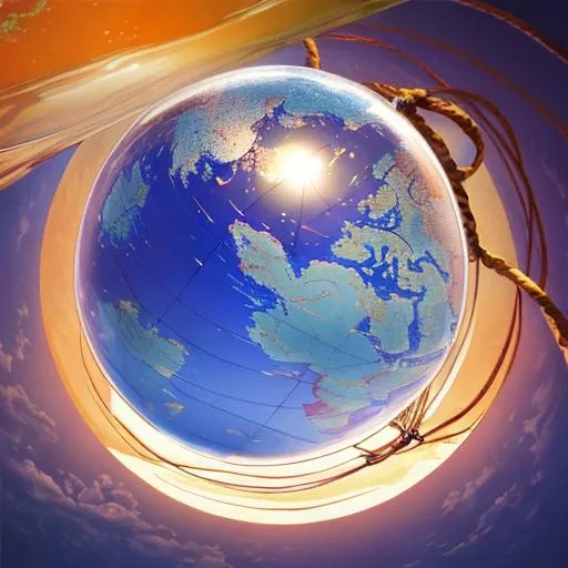 Prompt: The globe in a glass sphere. The sphere hangs on a string. A young prince holds the string. The sky is clear blue. Photo realistic.