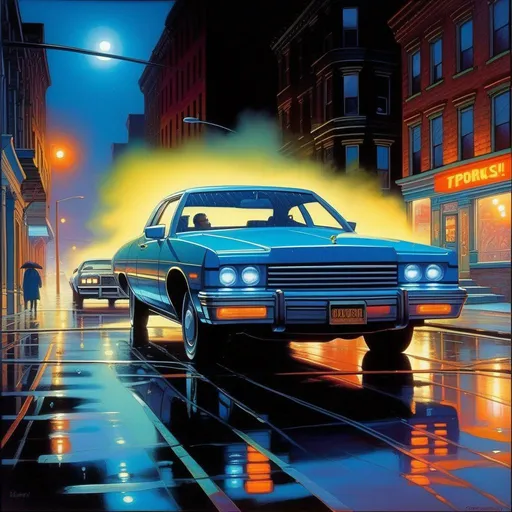 Prompt: 1990s, Brooklyn at night, neon, car chase, rain, fog, cold blue atmosphere, cartoony style, extremely detailed painting by Greg Rutkowski and by Henry Justice Ford and by Steve Henderson