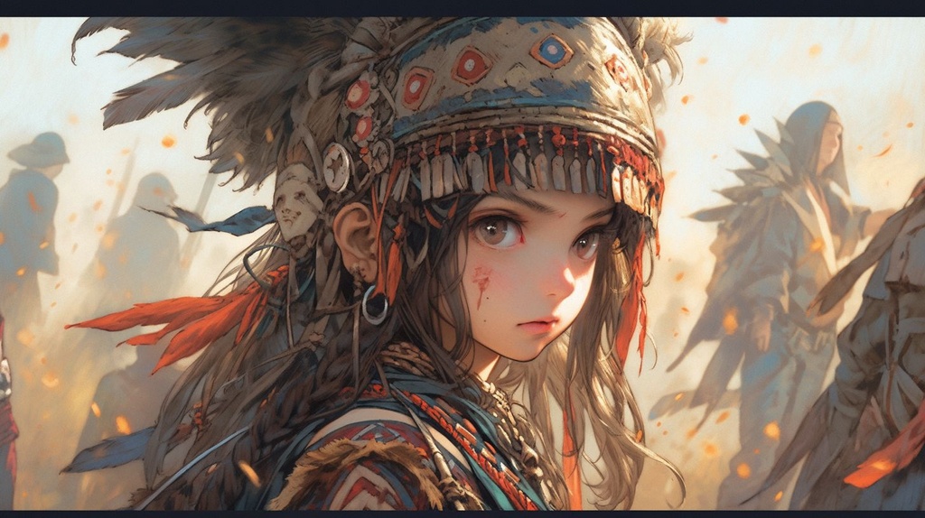 Prompt: the portraits of a girl wearing an elven look while wearing armor and a helmet, in the style of idealized native americans, stark visuals, youthful protagonists