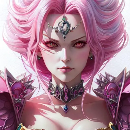 Prompt: evil pink queen, anime Character Design, Unreal Engine, Beautiful, Tumblr Aesthetic,  Hd Photography, Hyperrealism, Beautiful Watercolor Painting, Realistic, Detailed, Painting By Olga Shvartsur, Svetlana Novikova, Fine Art