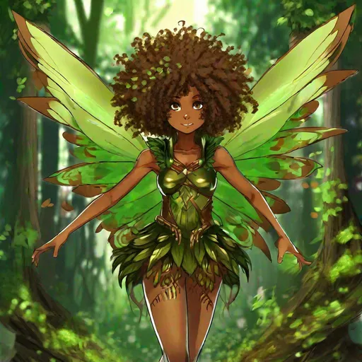 Prompt: Fairy, brown and green fairy wings, forest green afro hairstyle, brown bark armor, feet turning to roots burrowing into the ground, magical forest, masterpiece, best quality, anime style