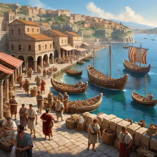 Prompt: a merchant port of ancient Rome, with historical details, 1st century period, Roman tunics, painting style