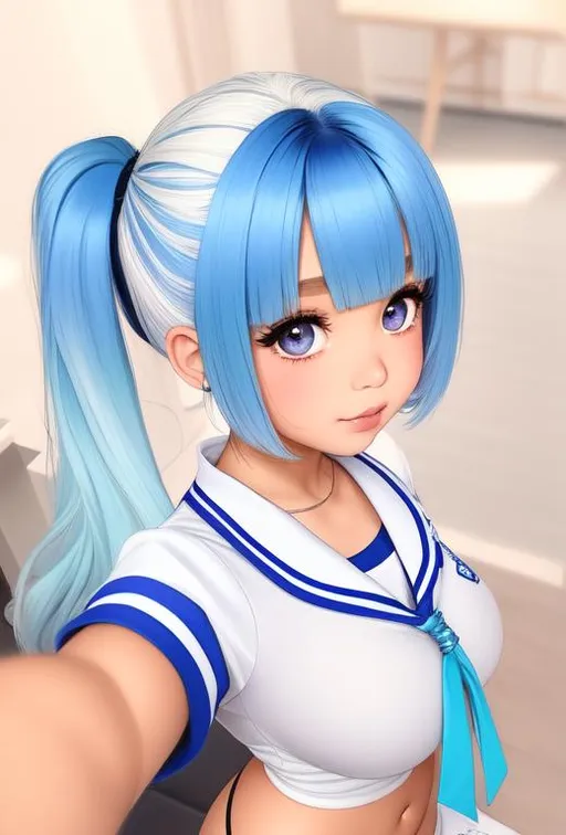 Prompt: ombre white and blue hair, samoan, long hair, 13 year old girl, solo, tan skin, indoors, busty, mole under eye, mole on {{breast}}, sailor uniform, fullbody, XXXXXX hair accessory, wide hips, thicc thighs, thicc bum, ((full body)) {{good looking}} {{cute}} {{good body}} {{tight}}, symmetrically colored hair, {{shadows}},
