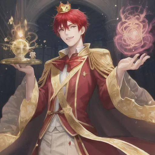 Prompt: butiful young man with a magic crown and red hairs elegant costume