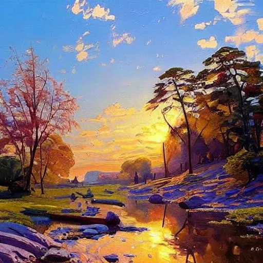 Prompt: Create a painting of a sunny and bright landscape in the style of Peder Mork Monsted.