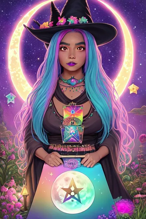 Prompt: tan skintone, mexican witch with rainbow hair, large chest, holding tarot cards, cute, flowers, aesthetic, pastel, fairycore, moon, stars, witchcraft, in a starry pastel sky,  garden, sweet, dreamy, award winning illustration, artstation, highres, hyperrealistic, large doe eyes, celestial, sci-fi, fantasy, cottagecore, hispanic