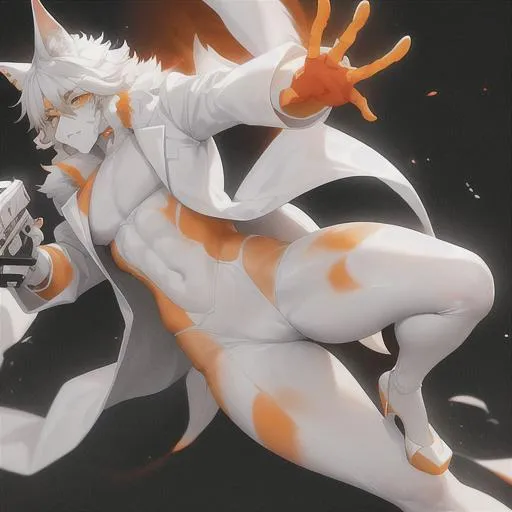 Prompt: A dingo with white fur; orange accent fur on the outside of the ears, sides of stomach, and legs; in a all white suit, holding a gun to its head with lots of blood covering its suit. 