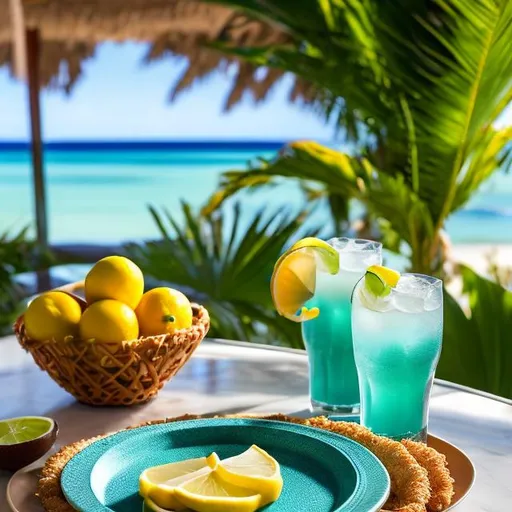 Prompt: "Generate an image of a scene at a tropical beach resort. The table should prominently feature a glass of exceptionally refreshing and sparkling lime juice with a vivid green color, made from bright green Tahiti lemons with ice cubes. Place the plate of beautifully presented breaded shrimp separately. Give particular emphasis to a glass serving dish filled with a diverse, colorful, and inviting tropical fruit salad with vibrant and beautiful fruits. Ensure the fruit salad is the focal point, radiating an atmosphere of freshness and vibrancy."" ultra hd, realistic, vivid colors, highly detailed, UHD drawing, pen and ink, perfect composition, beautiful detailed intricate insanely detailed octane render trending on artstation, 8k artistic photography, photorealistic concept art, soft natural volumetric cinematic perfect light"

