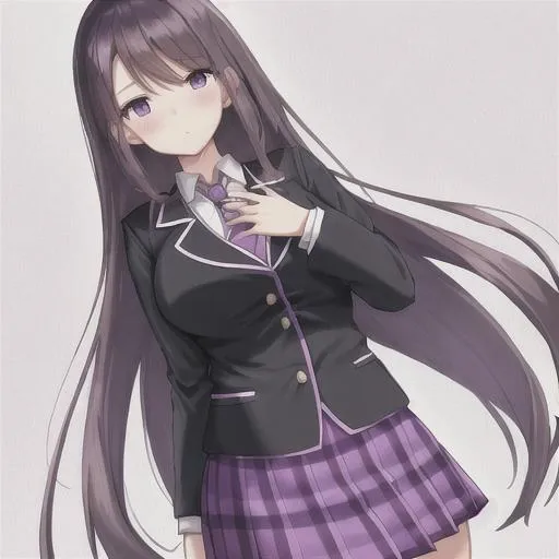 Prompt: Porcelain skin with long brunette hair, no face, curvy, anime school uniform with purple checkered skirt and a purple tie.