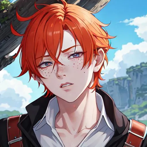 Prompt: Erikku male adult (short ginger hair, freckles, right eye blue left eye purple) UHD, 8K, Highly detailed, insane detail, best quality, high quality, anime style, exhausted