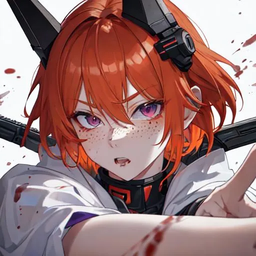 Prompt: Erikku male adult (short ginger hair, freckles, right eye blue left eye purple) UHD, 8K, Highly detailed, insane detail, anime style, covered in blood, psychotic, pointing a shotgun straight at the camera