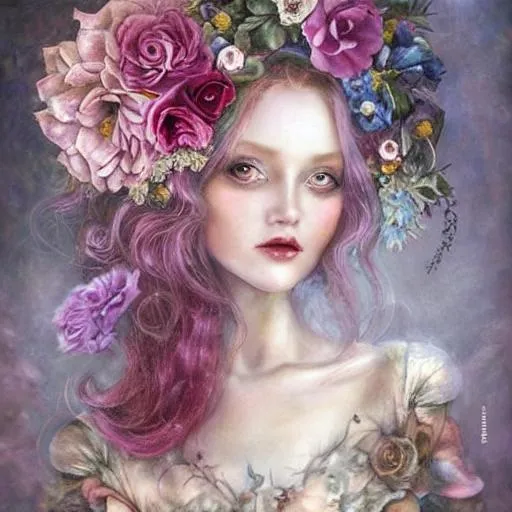 Prompt: nicoletta ceccoli, daniel merriam, fantasy art, renaissance gown, hyper realistic flower bouquet painting, sparkles, Beautiful goddess, Haute Couture, princess dress, beautiful symmetrical face, pre-raphaelite, soft shadows, stunning, dreamy, elegant, ornate, style of michael parks, tom bagshaw, roberto ferri and Marco mazzoni, hyper-realistic, matte painting , enhanced, photo render, 8k, art by artgerm, wlop, loish, ilya kuvshinov, 8 k hyperrealistic, crackles, hyperdetailed, beautiful lighting, detailed background, depth of field, symmetrical face, frostbite 3 engine, cryengine, bubbles, dragonflies, garden of roses and peonies background, ultra detailed, soft lighting,Mark Ryden, Dominic Murphy artwork and Tom Bagshaw artwork, big dreamy eyes, white and pink, art by Donato Giancola and James Gurney, digital art, trending on artstation, pop surrealism, lowbrow art, realistic, hyper realism, muted colours, rococo, natalie shau, loreta lux, trevor brown style