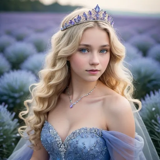 Prompt: blonde, wavy hair, girl, 15, long hair, beautiful lavender gown, cornflower-blue jeweled tiara, icy surroundings, cold