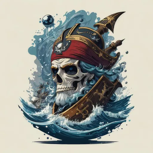 Prompt: t-shirt graphic of the majestic pirate head in digital painting style, water splashes, white background, highly detailed clean, vector image, photorealistic masterpiece, professional photography, realistic, flat white background, isometric, vibrant vector, clipart, illustration, realism, 4k, cinematic, front view
