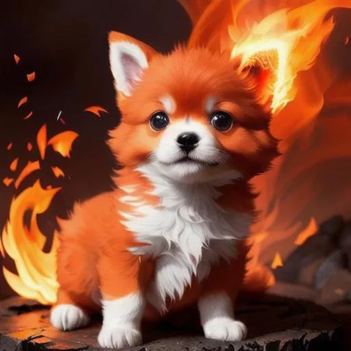 Prompt: Cute, red, fluffy, fire puppy, possessing the element of fire and making circles of fire
 move around in the air in a magical way. Perfect features, extremely detailed, realistic. Krenz Cushart + loish +gaston bussiere +craig mullins, j. c. leyendecker +Artgerm.
