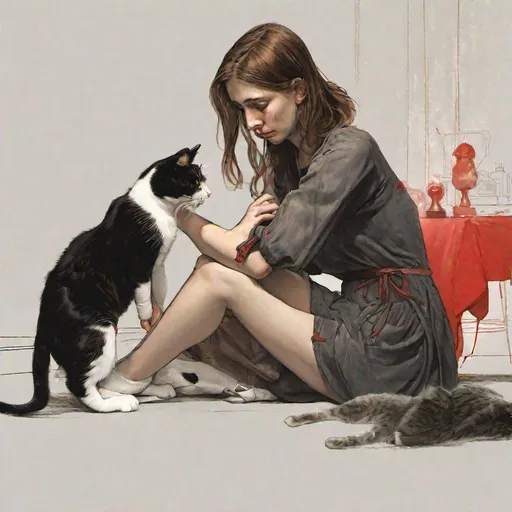 Prompt: a realistic photo of a crying 25 years old woman human with shoulder-length brown hair,  forward with her legs dangling over the edge of the stage which is lit in red and gold, she is staring sadly into her lap while a cat approaches her from her left and the cat touches her arm with his paw. The cat's colors are black and white with cow pattern but it is translucent like a ghost. the women is dressing a jean and a purple sweater. high resolution. 4k. realistic. victorian
