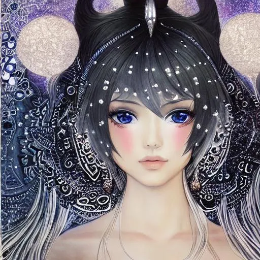 Prompt: Drawing of a {light goddess} with {horns}, {zilver and black tints} and with a cute face, {laying down in the Ocean}, perfect proportions, perfect eyes, composition, hyperrealistic, super detailed, high quality, sharp focus, painting, intricate details, highly detailed, style tsutomu nihei and Gustaf klimt