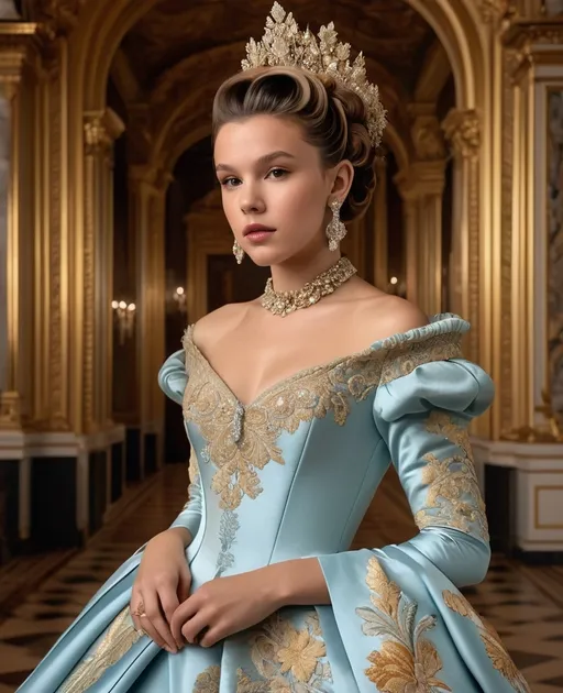 Prompt: Millie Bobby Brown in Rokoko Style, the main subject is a young woman who bears a striking resemblance to Millie Bobby Brown, She is seen in an opulent, Rococo-inspired mood painted by a blend of Artgerm and Rubens, breathtaking white rokoko updo hair, wearing an elaborate dress in vibrant winter colors. The dress is rich in architectural details and voluminous, adding to the grandeur of the image. This portrayal of the young woman is either a painting, showcasing her in an indoor palace setting. The background is teeming with an abundance of intricate and ornate elements, further accentuating the luxurious ambiance. The description aims to convey the exceptional quality of the image, capturing the viewer's attention through its extraordinary attention to detail and the lavishness it exudes.