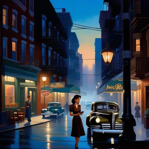 Prompt: Third person, gameplay, Italian-American girl, olive skin, black hair, brown eyes, 1940s, smartphone, streets of Little Italy, New York at night, fog, blue atmosphere, cartoony style, extremely detailed painting by Greg Rutkowski and by Henry Justice Ford and by Steve Henderson 

