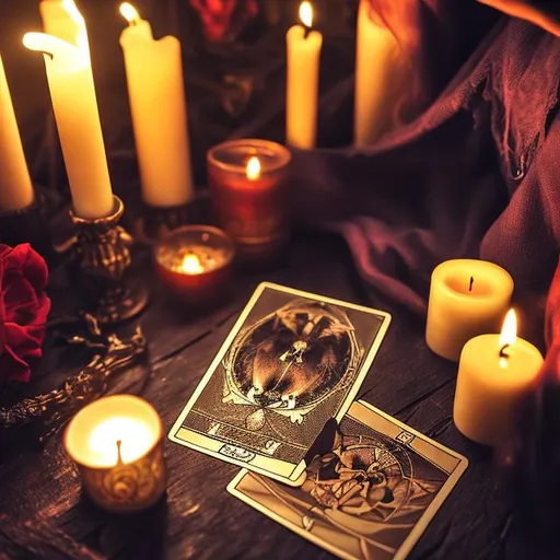 Prompt: tarot card reading by a witch at candle light

