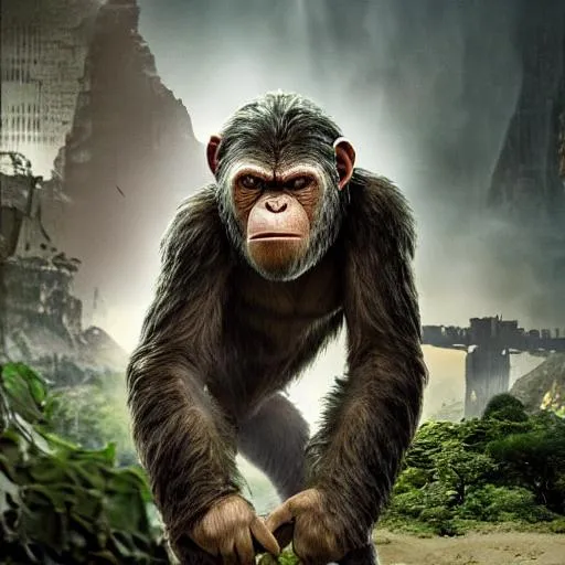 Prompt: a single (((armored))) small ape from the planet of the apes, standing in the middle of a bustling jungle city apocalypt, surrounded by towering, close up photograph