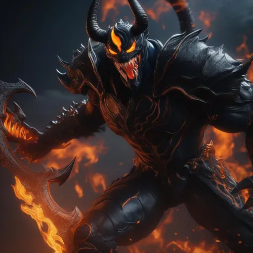 Prompt: a death knight with a Venom mouth (Venom movie), with horns forward on his forehead, orange fire eyes, FULL BODY, Hyperrealistic, sharp focus, Professional, UHD, HDR, 8K, Render, electronic, dramatic, vivid, pressure, stress, nervous vibe, loud, tension, traumatic, dark, cataclysmic, violent, fighting, Epic