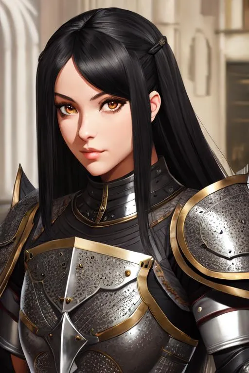 Prompt: Highly detailed, beautiful, majestic, female, black hair, brown eyes, plate armor