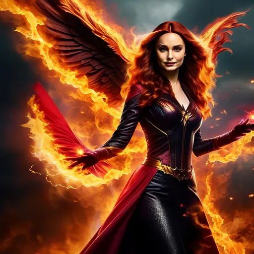 Prompt: High-resolution hyperrealistic photo of the dark phoenix merged with the scarlet witch, full-body, fiery phoenix aura, chaos magic, {{holding a grimoire}}, scarlet and ruby and gold costume, uhd, hdr, 64k