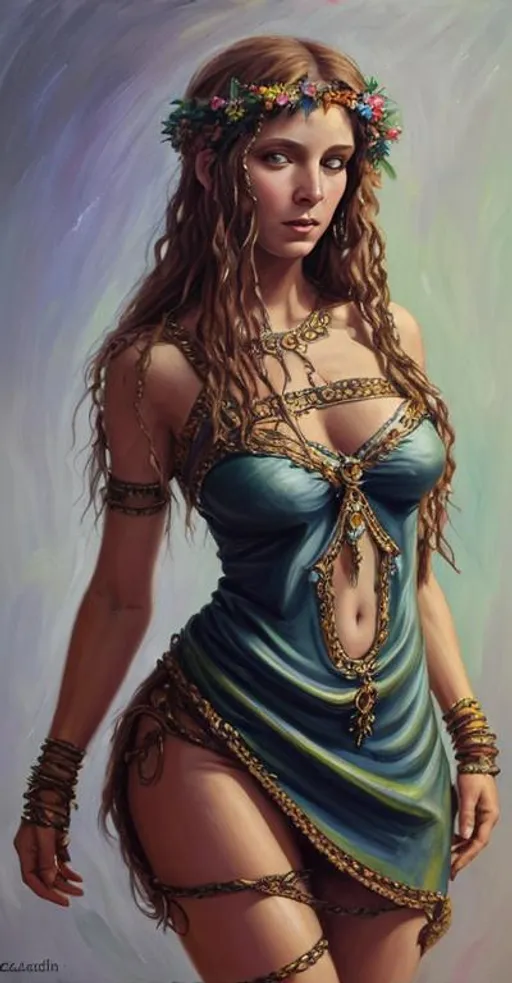 Prompt: oil paint, pagan goddess, leon wyczolkowski style, full body, short minidress, detailed